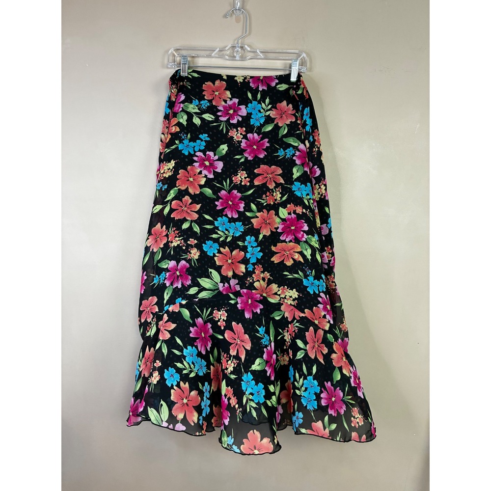 Floral Polka Dot Mixed Print Maxi Skirt Black Ruffle Lettuce Hem Sheer Chiffon